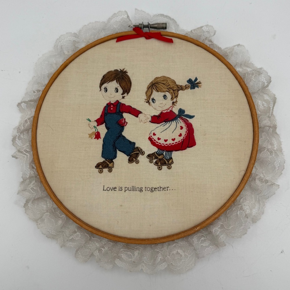 Vintage Embroidery Hoop Art Love is Pulling Together Roller Skating Lace 8 Inch